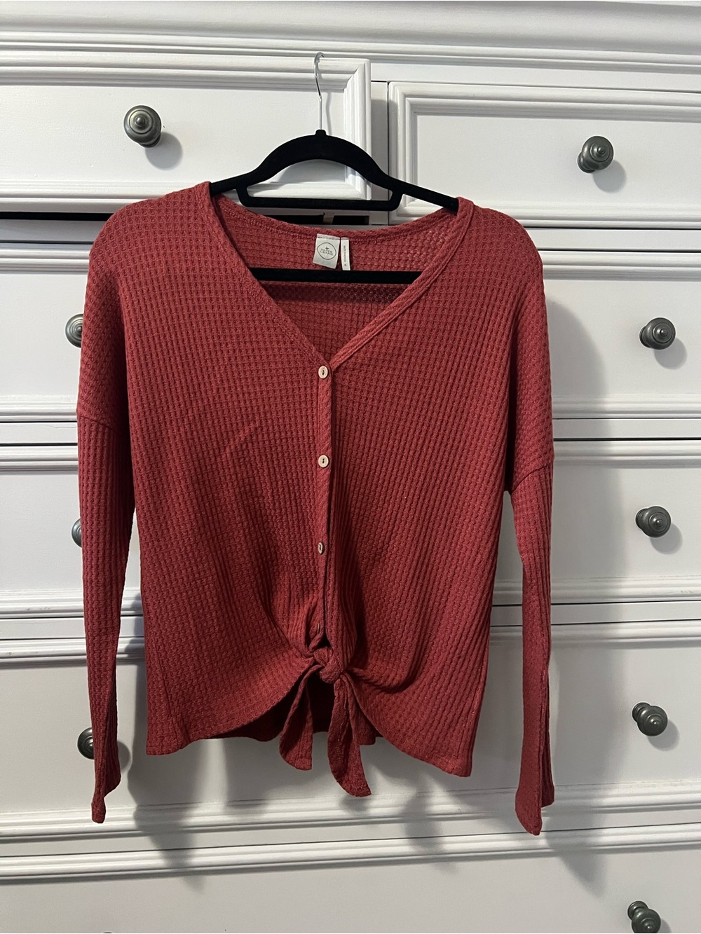 Paper Crane Waffle Knit Button-Front Tie Top - Rose